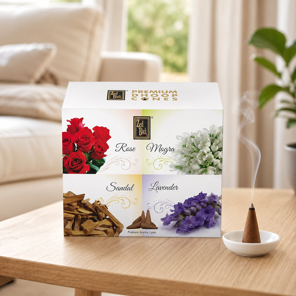 Premium Dhoop Incense Cones Variety Pack, 4 Scents, – Rose, Mogra, Sandal and Lavender