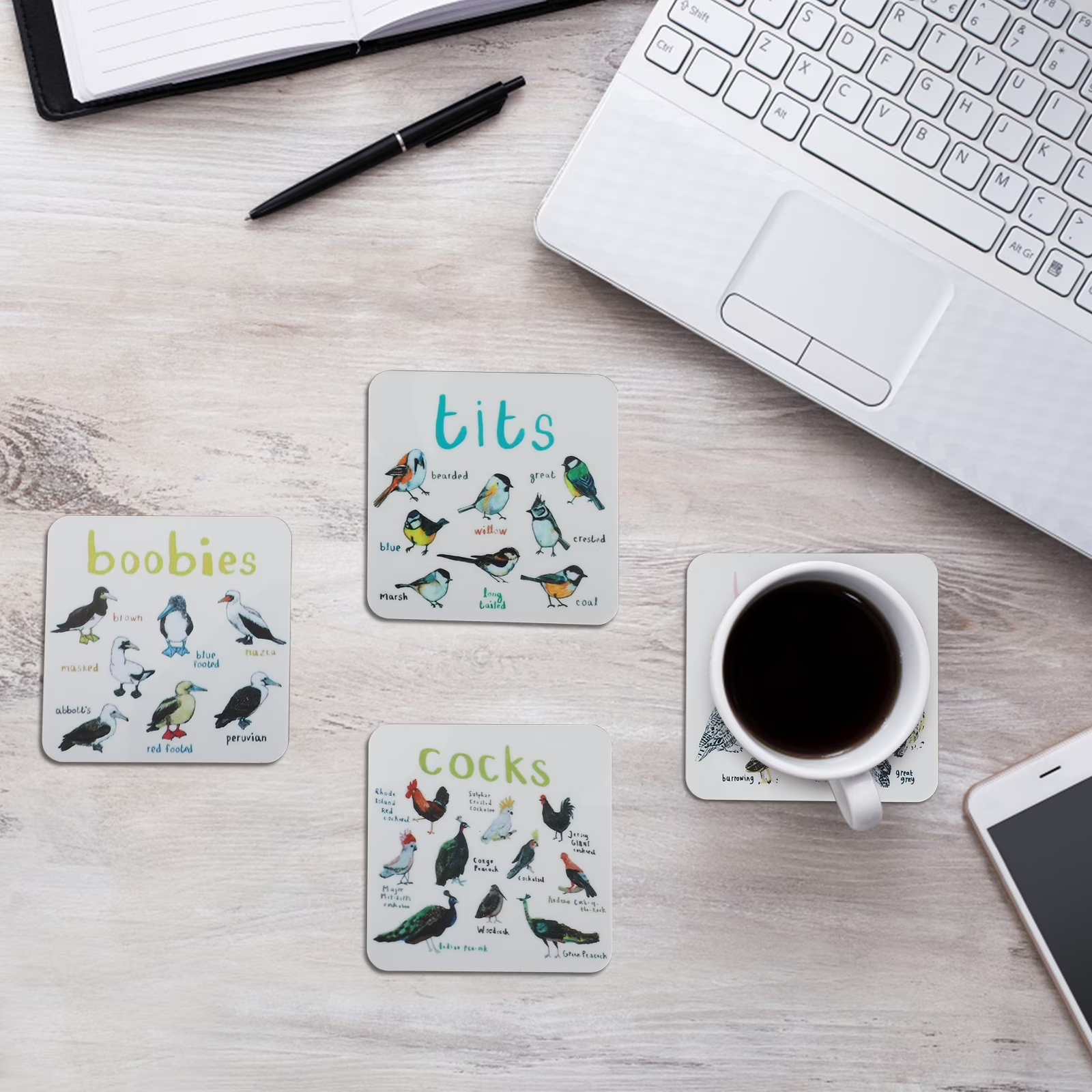Funny Bird Pun Coasters Set of 6, Acrylic Drink Coasters for Table Protection, Cute Cartoon Bird Design Coaster Set for Coffee, Tea, Home & Kitchen Decor