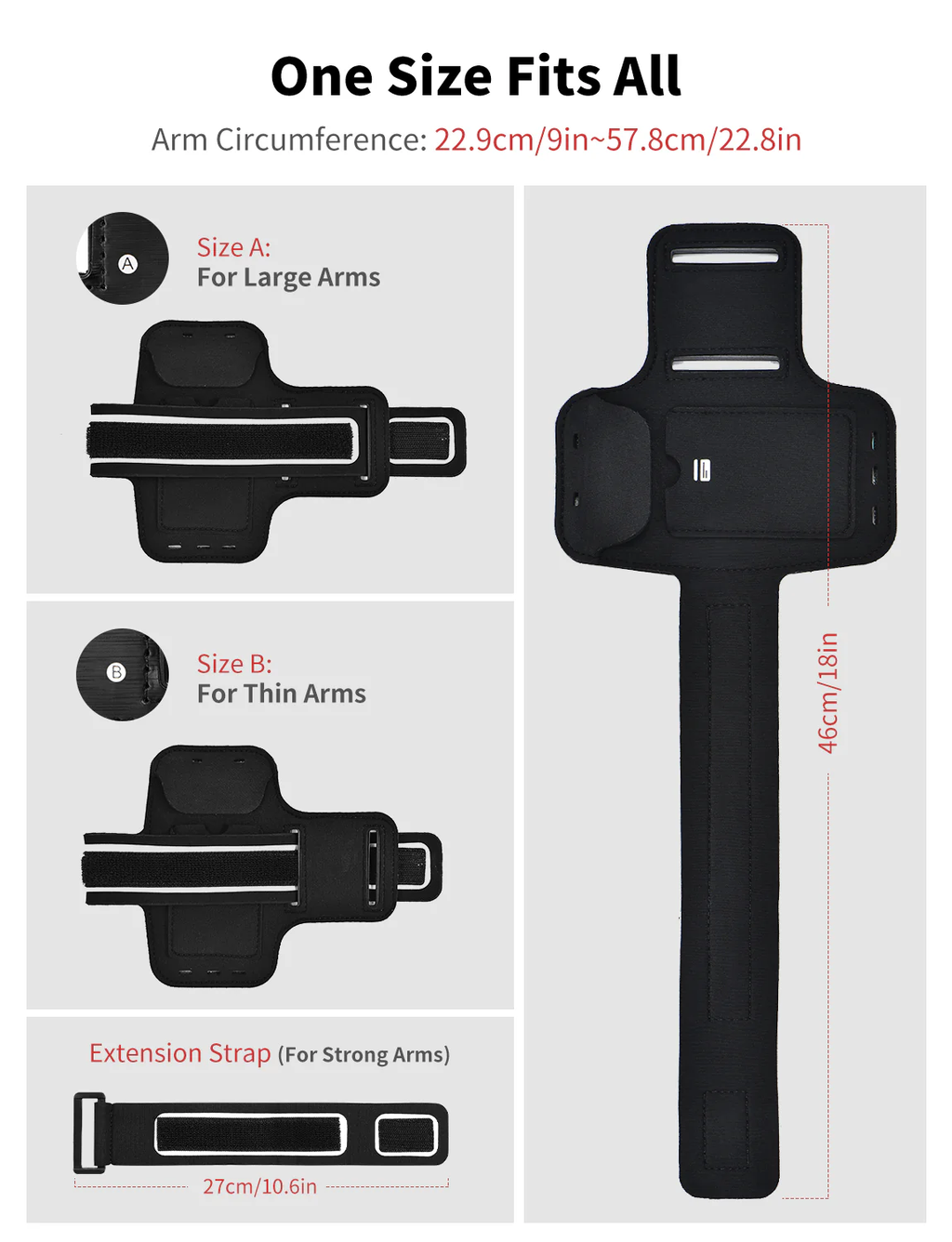 Running Phone Armband, Universal Sports Arm Band Phone Holder with Adjustable Strap, Sweat Resistant Workout Armband for Gym, Running, Cycling, Compatible with Most Smartphones