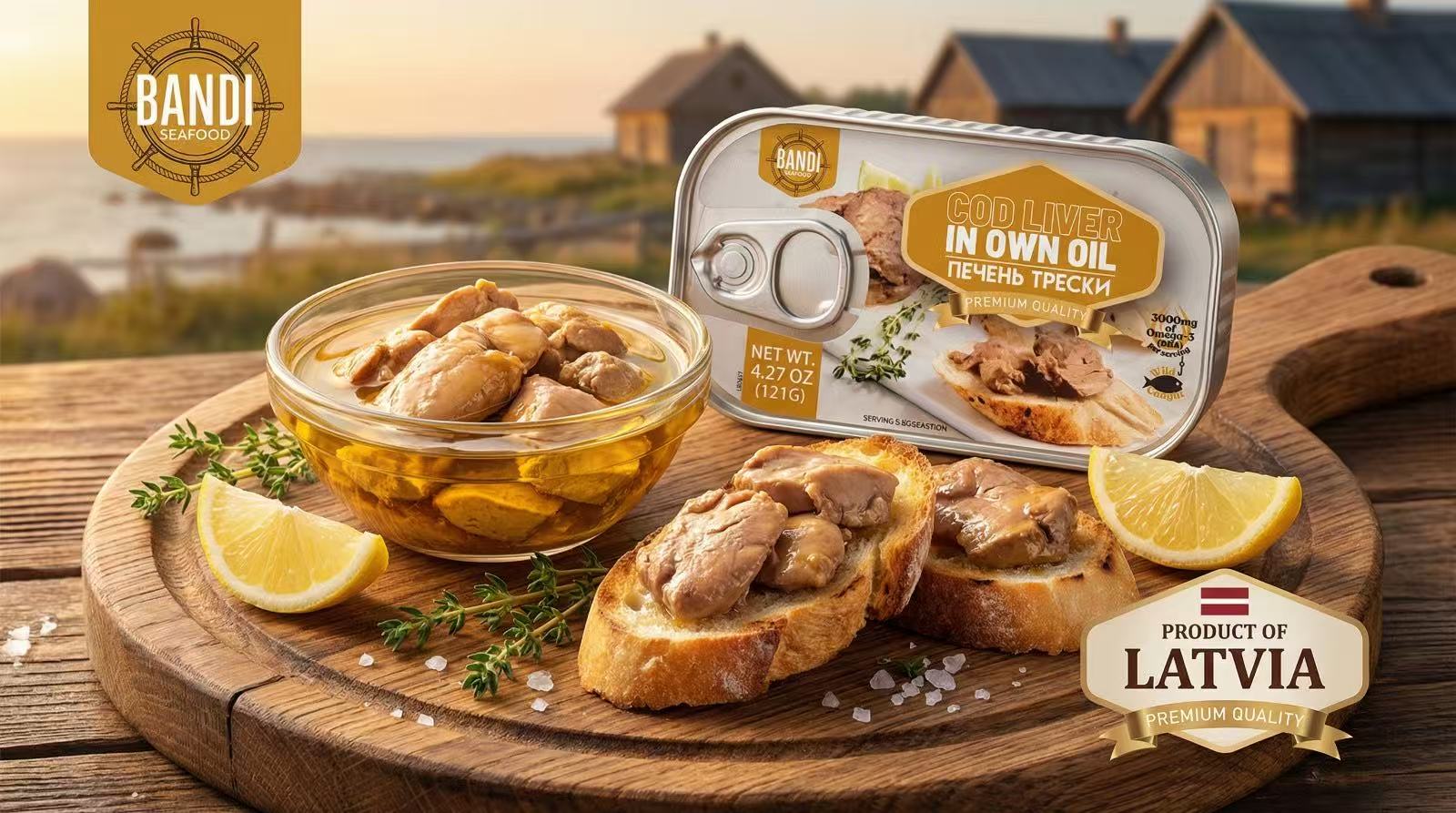 BANDI Seafood Cod Liver in Own Oil – Premium Quality, Wild Caught, 3000mg Omega-3 per Serving, Net Wt. 4.27 oz (121 g), Best Before Aug 04, 2030
