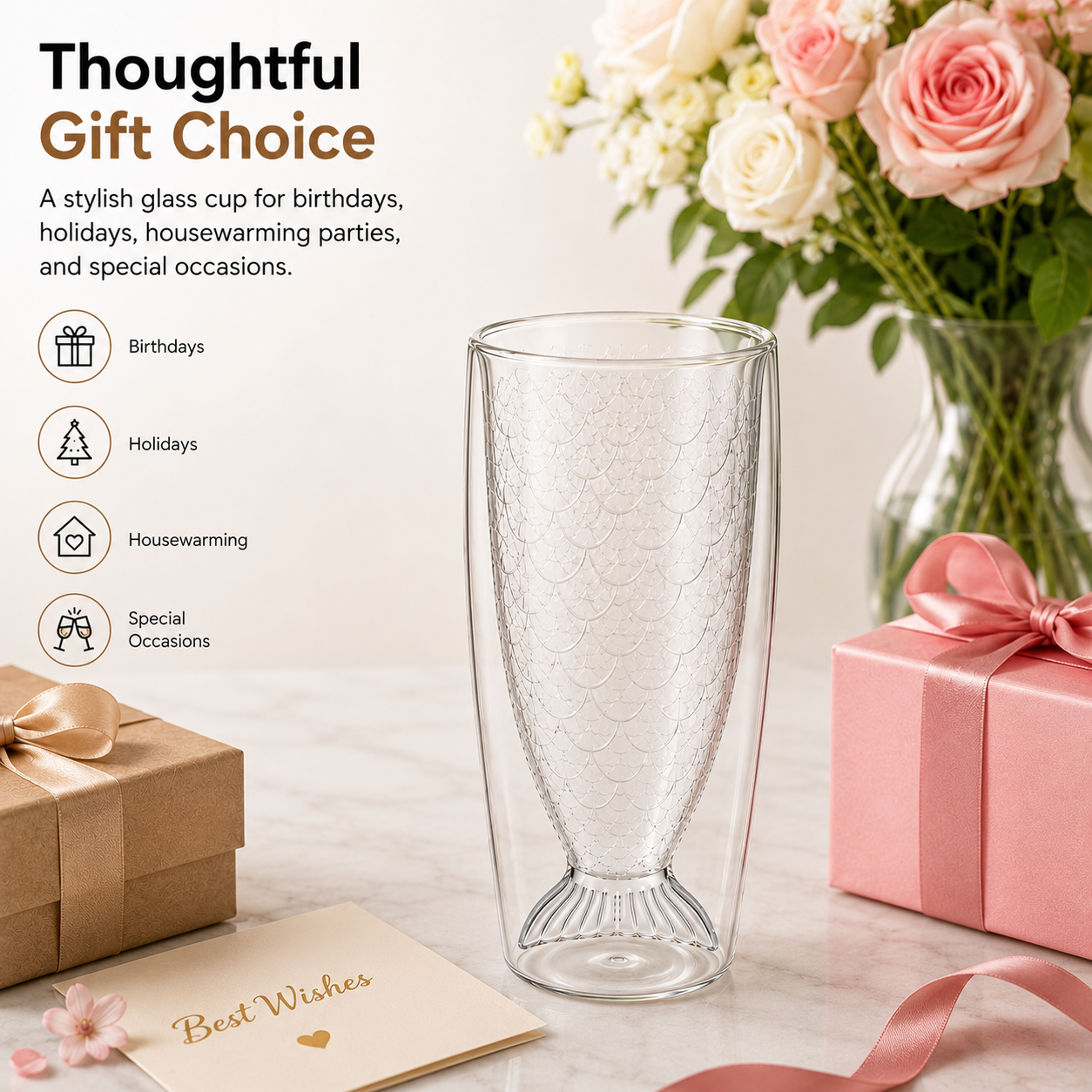 Mermaid Tail Double Wall Glass Cup, 12oz (355ml) Fish Scale Drinking Glass for Hot & Cold Beverages