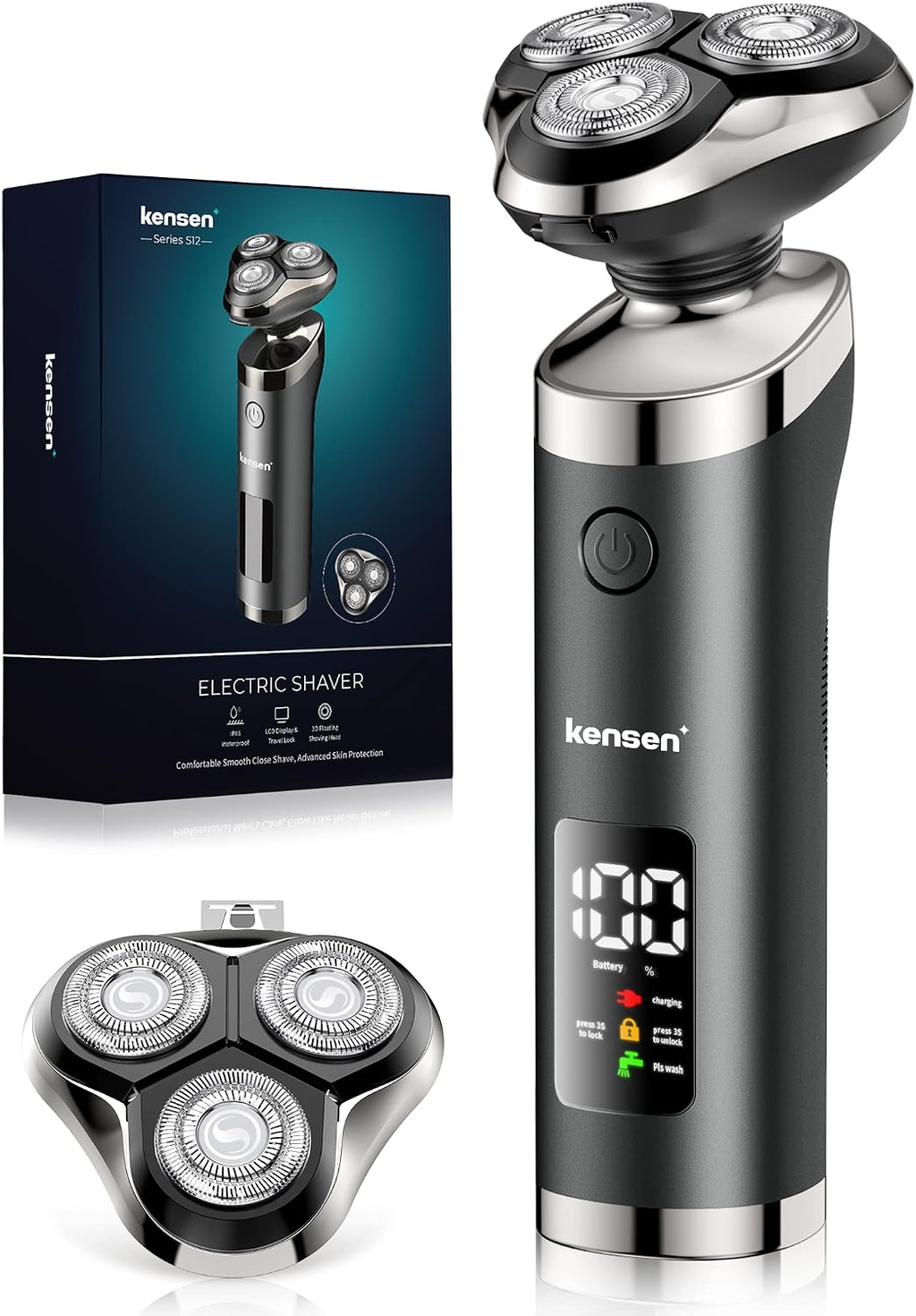 KENSEN Men's Rechargeable Rotary Electric Shaver – Wet & Dry, IPX6 Water-Resistant, LED Display