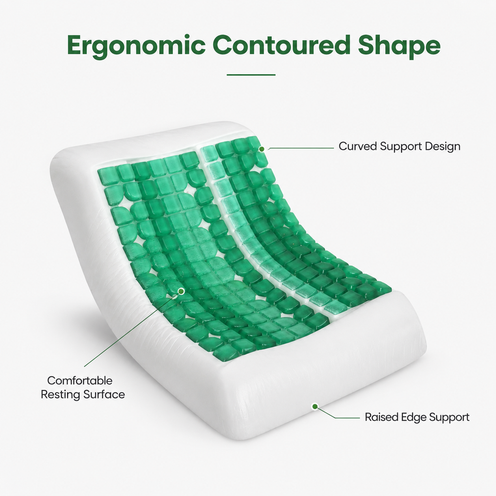 Cooling Gel Contoured Pillow with Flexible Gel Grid, Cushioned Support for Bed and Everyday Rest, Green and White, 66 × 40 × 11 cm