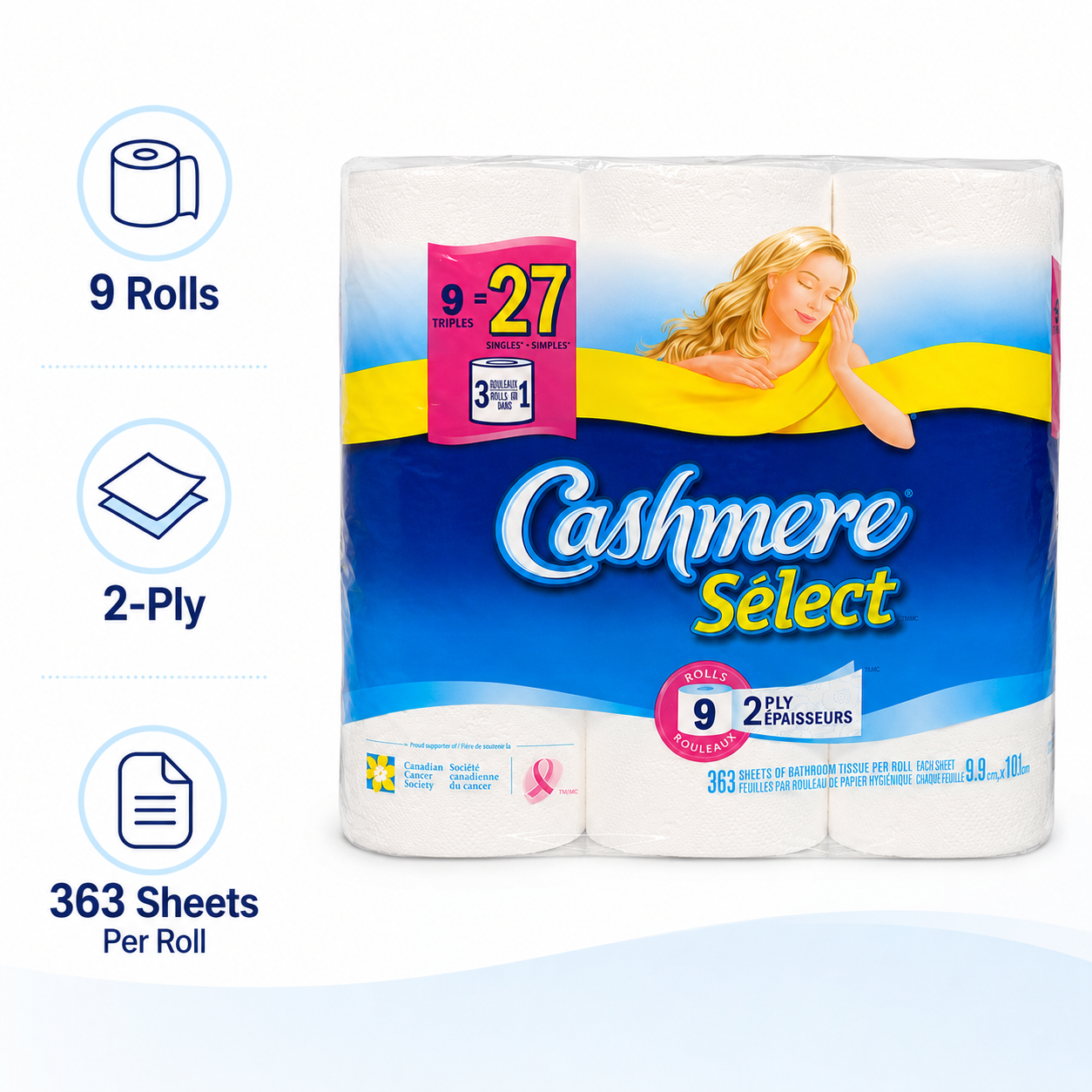 Cashmere Select Bathroom Tissue, 9 Triple Rolls, 2-Ply, 363 Sheets per Roll