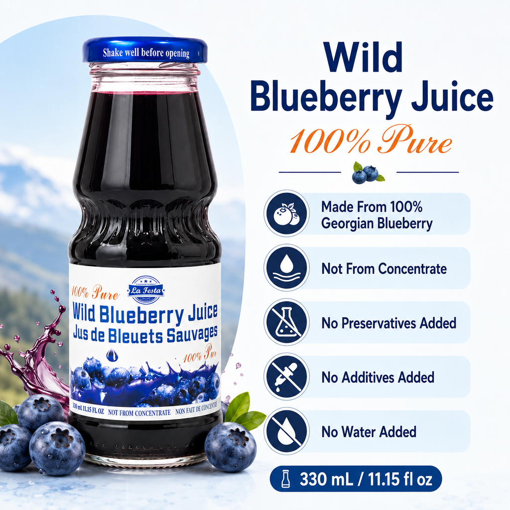 La Festa Wild Blueberry Juice, Not From Concentrate, No Preservatives, Additives or Water Added, 330 mL Glass Bottle