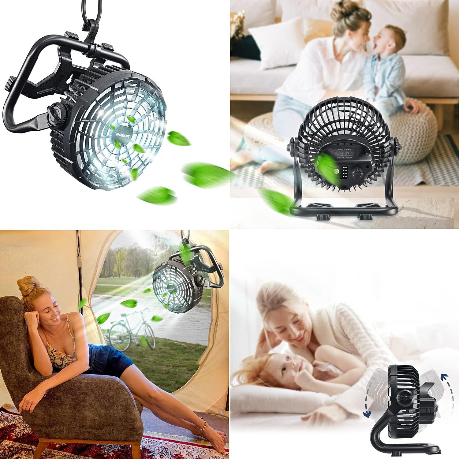 8-Inch Rechargeable Portable Camping Fan with LED Light, Hanging Hook and Adjustable Airflow