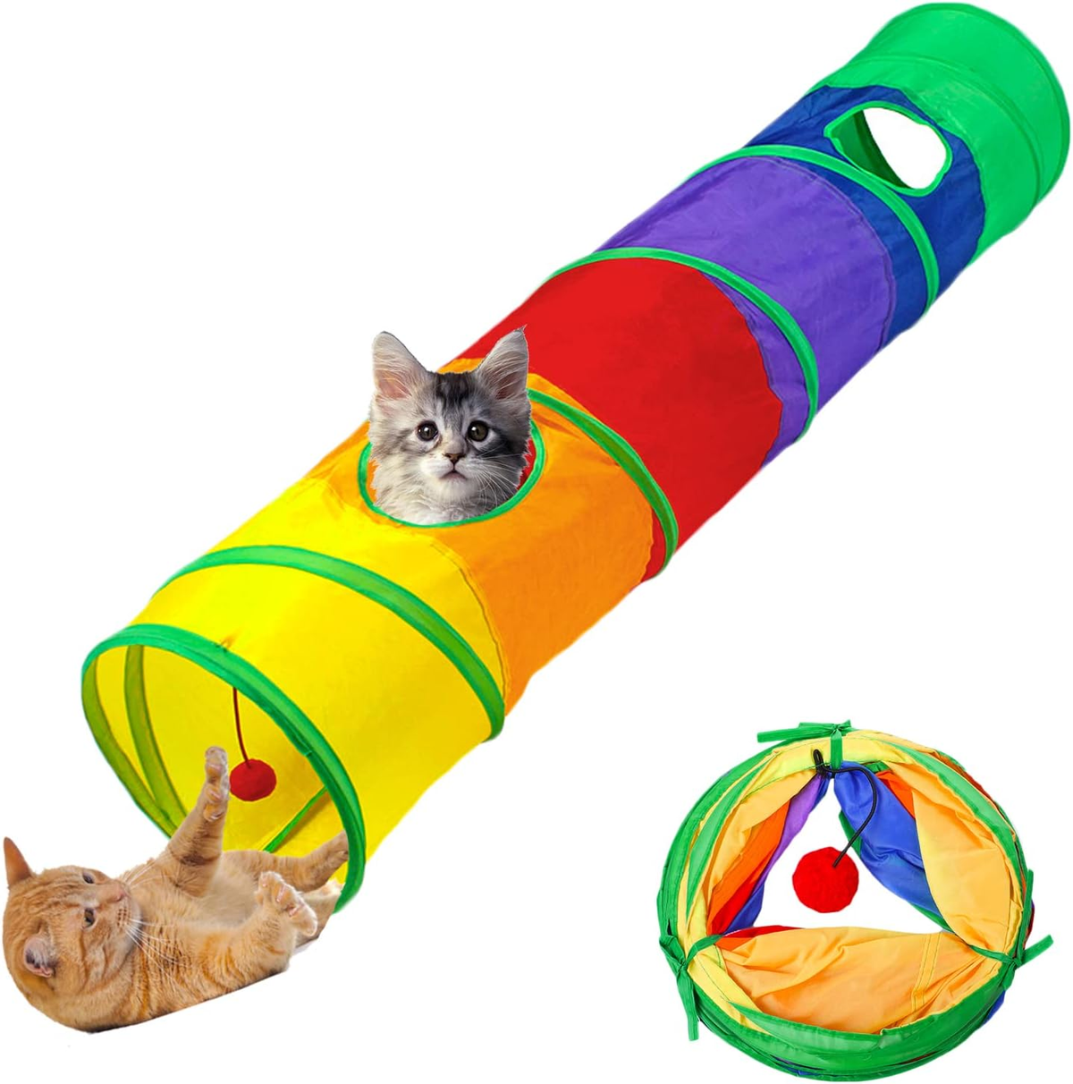 Rainbow Collapsible Cat Tunnel with Hanging Ball – 120 cm Play Tunnel