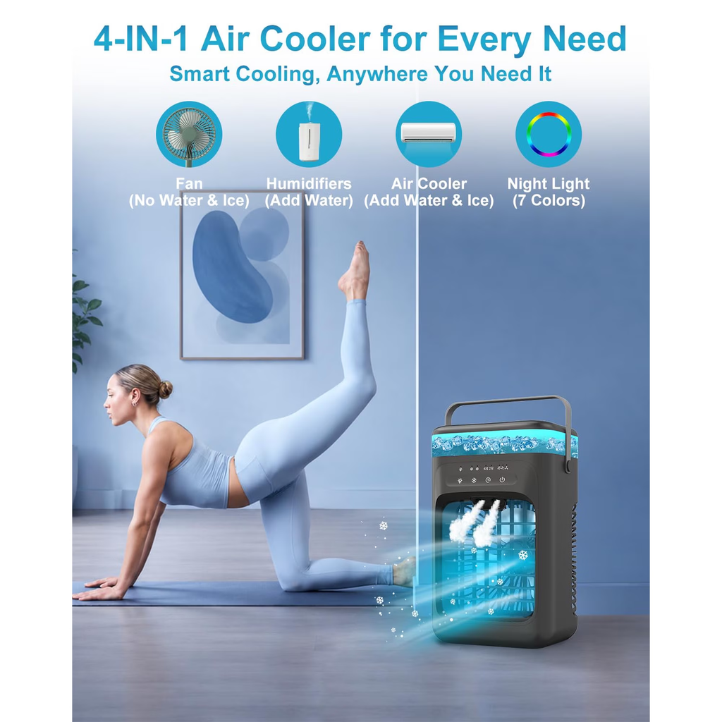 Portable 4-in-1 Evaporative Air Cooler with 3 Fan Speeds, Dual Mist Modes, LED Light and Timer – Black