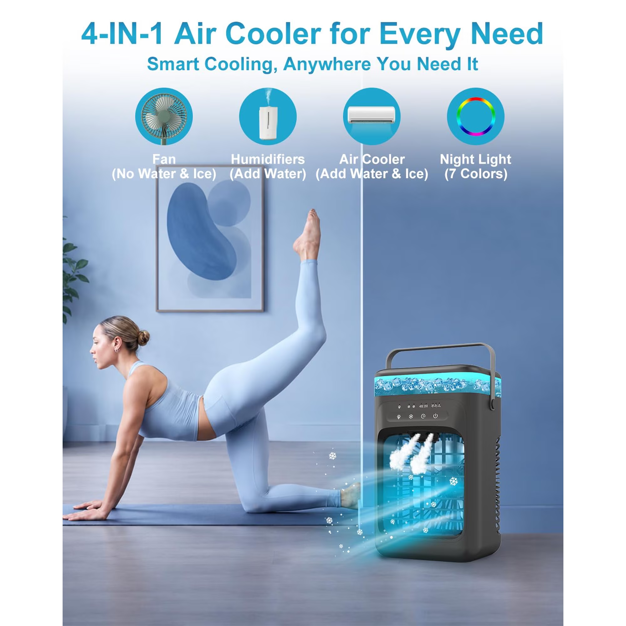 Portable 4-in-1 Evaporative Air Cooler with 3 Fan Speeds, Dual Mist Modes, LED Light and Timer – Black