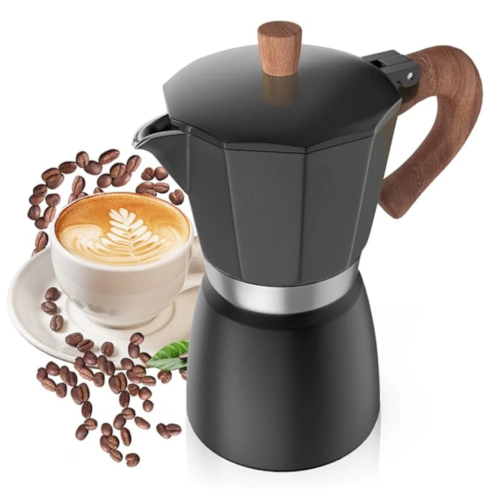 CAFFETTIERA 6-Cup Stovetop Moka Pot Coffee Maker with Wood-Look Handle – Black