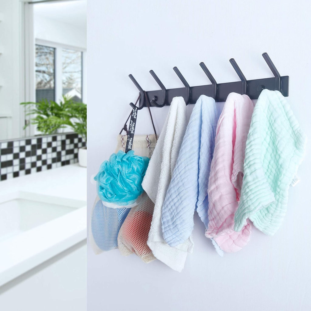 Matte Black Metal Wall Hook Rack with 6 Hooks for Entryway, Bathroom & Kitchen