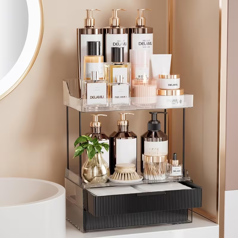 2-Tier Makeup Organizer with Drawers – Large Capacity Bathroom Counter Organizer, Skincare & Cosmetic Storage Display Stand