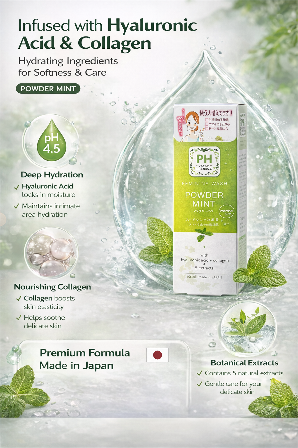 PH Japan Premium Feminine Wash – Powder Mint Cooling Intimate Cleanser with Hyaluronic Acid & Collagen (150ml)