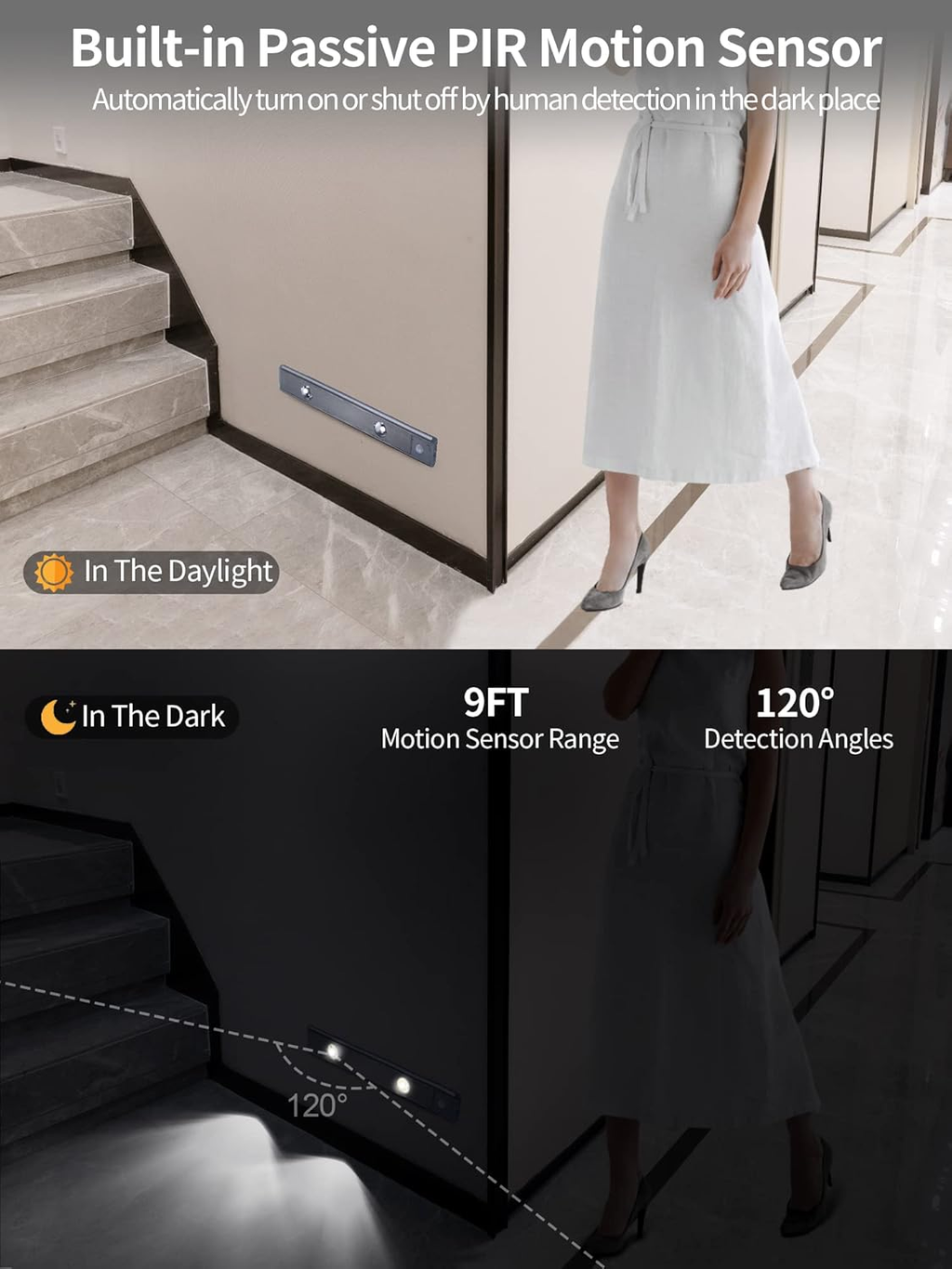 3 Color Dimmable Motion Sensor Under Cabinet Lights Wireless,1500mAh Rechargeable Battery Operated LED Closet Light Bar, Stick on Anywhere Under Cabinet Lighting for Kitchen, Stair, Wardrobe,10.43"