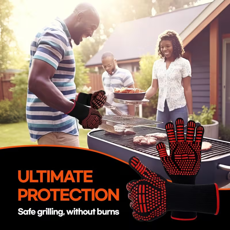 BBQ Heat Resistant Grill Gloves (2 Pack) – 1472°F Extreme Heat Protection, Non-Slip Silicone Cooking Gloves for BBQ, Oven, Fireplace & Welding