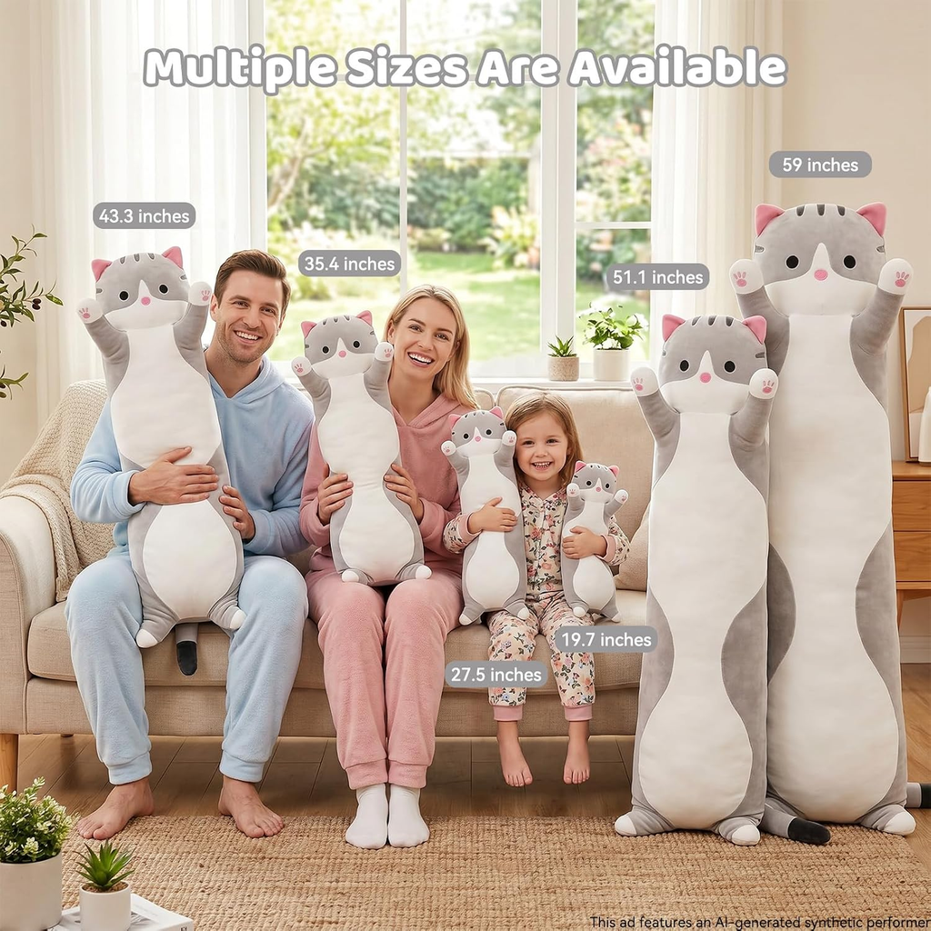 Long Cat Plush Body Pillow, Soft Stuffed Animal Cuddle Toy, 19.6 Inch, Gray or Pink