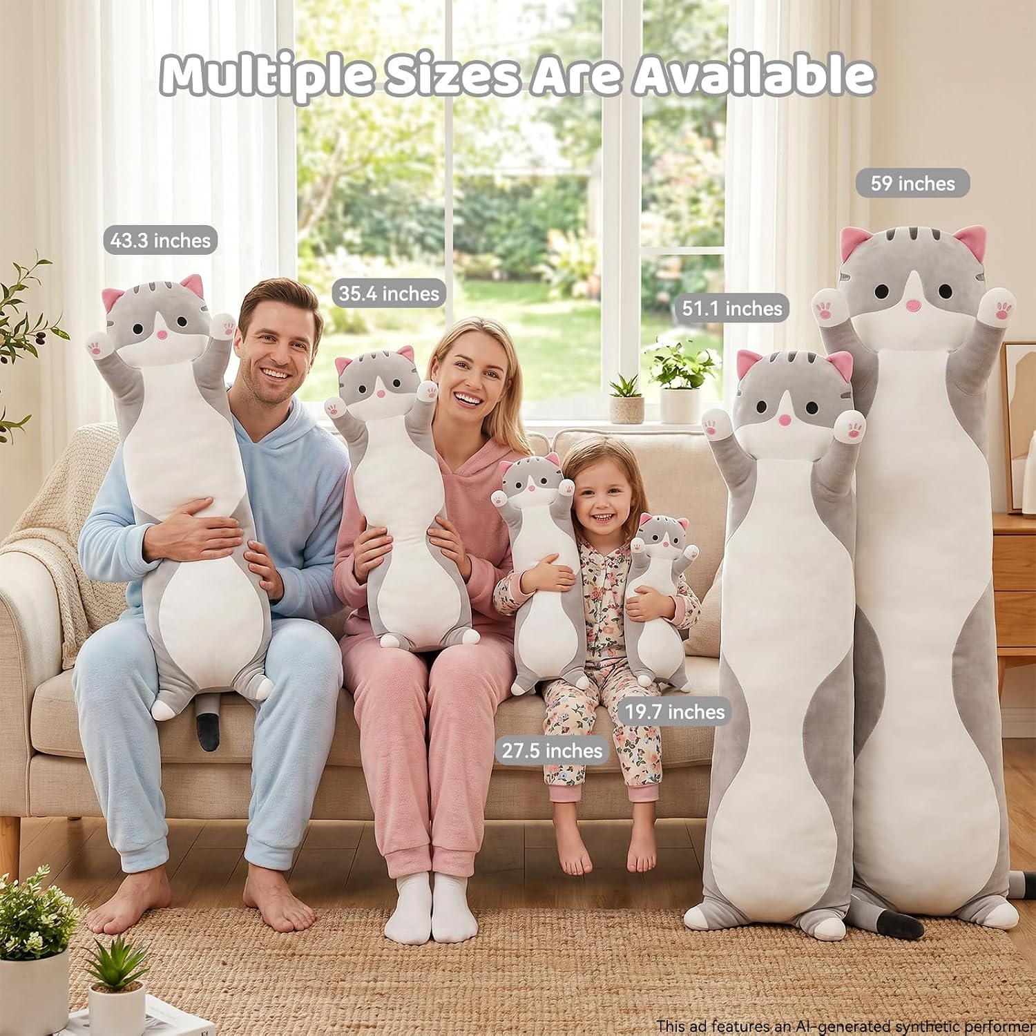Long Cat Plush Body Pillow, Soft Stuffed Animal Cuddle Toy, 19.6 Inch, Gray or Pink