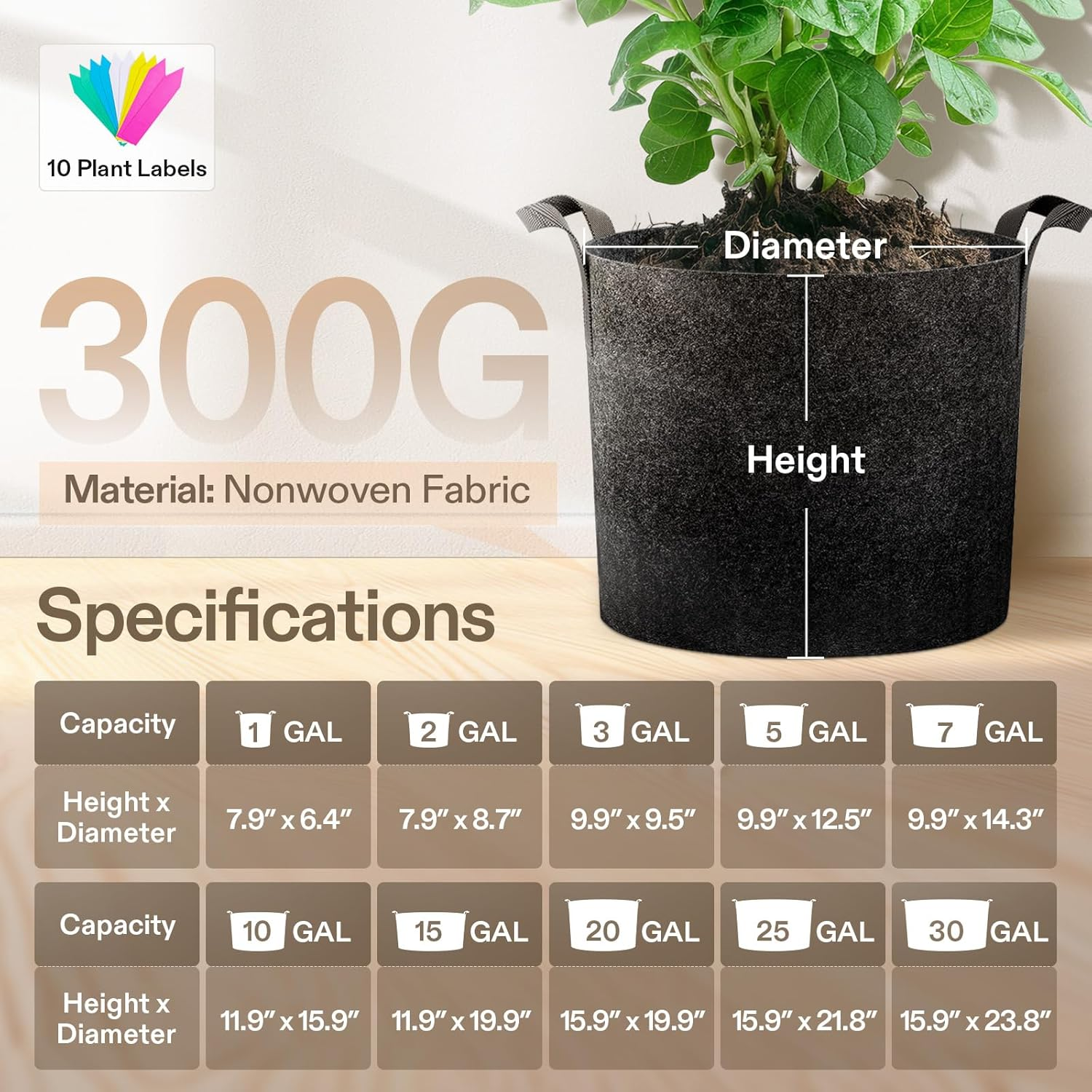 Fabric Grow Bags with Handles, Thickened Breathable Plant Pots, Nonwoven Garden Planters for Vegetables, Flowers, Indoor & Outdoor Gardening