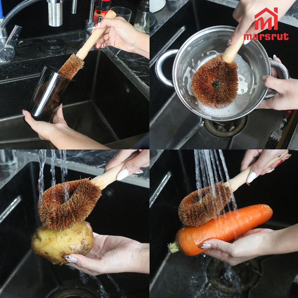 2Pcs Coconut Brush Fiber Bottle Wooden Cleaning Brush, Scrub Head for Deep Pan Cleaning Washing, Sturdy Natural Eco-Friendly Handle Holder, Bristle Scrubber for Kitchen Dishes Vegetable, Dark Brown