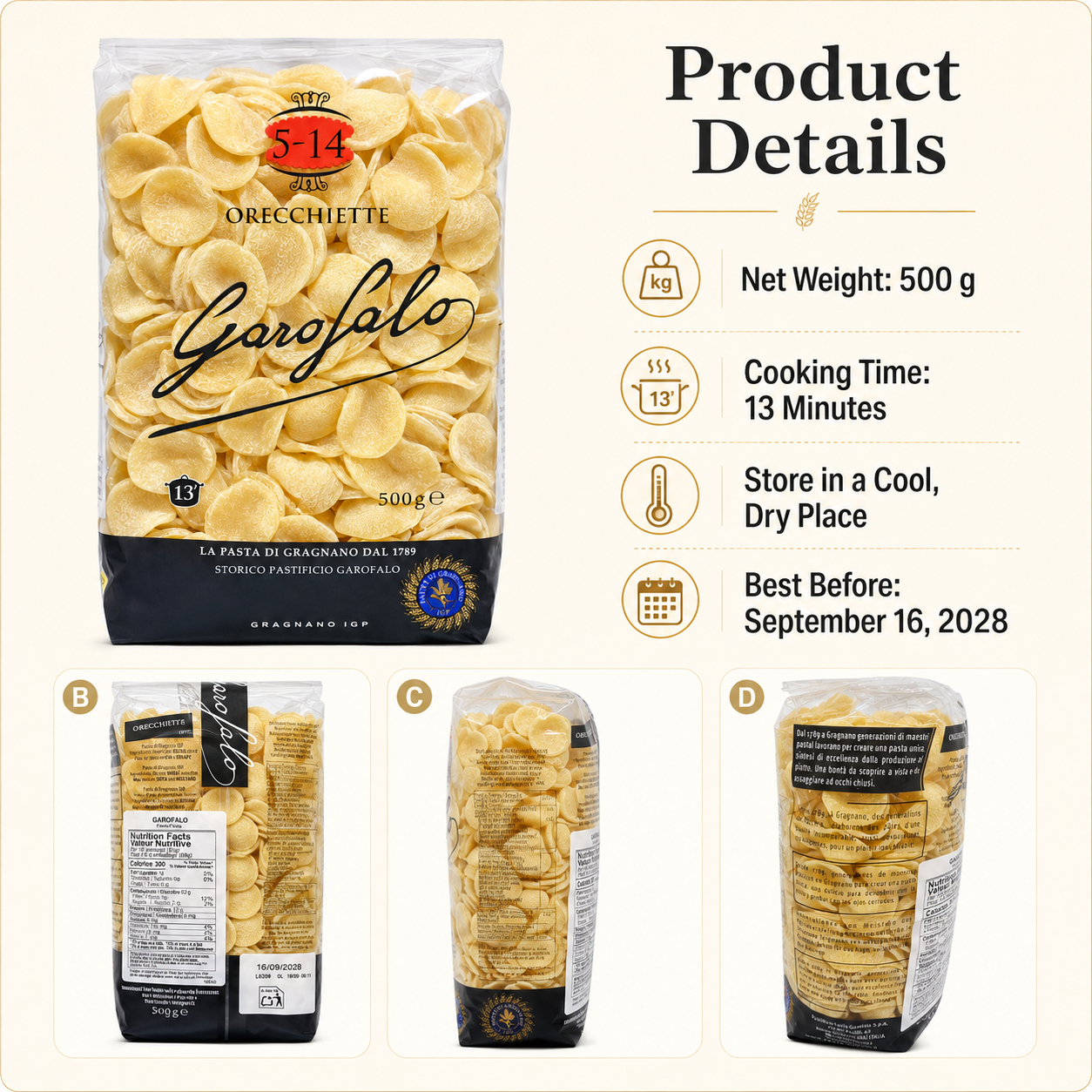 Garofalo Orecchiette Pasta 500g x 2 Packs – Cup-Shaped Durum Wheat Pasta, 13-Minute Cooking Time