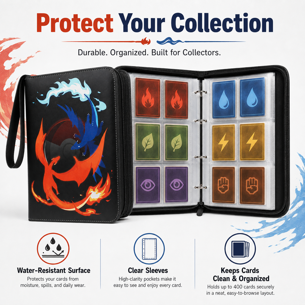 4-Pocket Trading Card Binder with 50 Removable Sleeves, Up to 400-Card Capacity, Zipper Closure & Wrist Strap