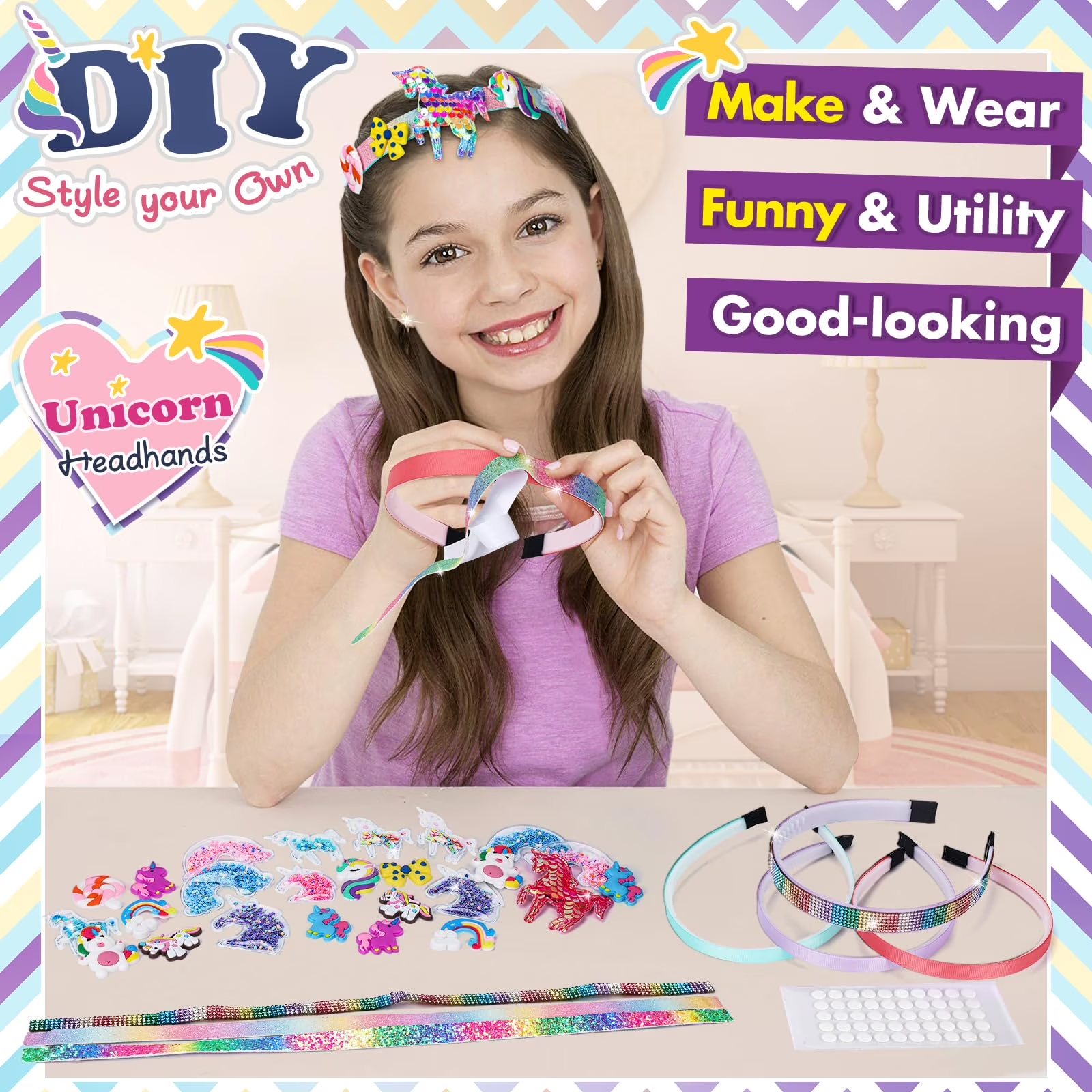 DIY Unicorn Headband Craft Kit for Girls, Kids Hair Accessories Making Set, 40PCS Creative Arts & Crafts Kit, Birthday Gift for Girls Ages 5-12