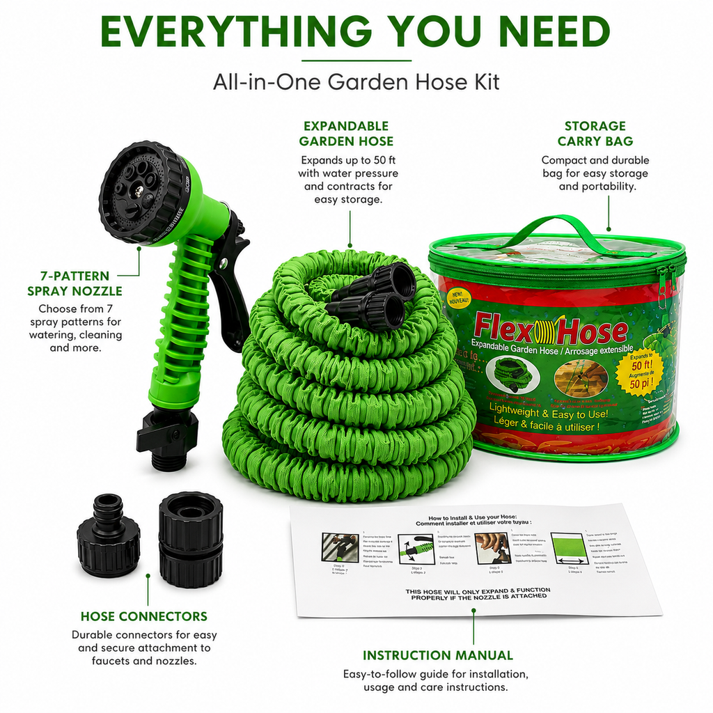 Expandable Garden Hose with 7-Pattern Spray Nozzle, Flexible Lightweight Water Hose with Storage Bag, 50 ft