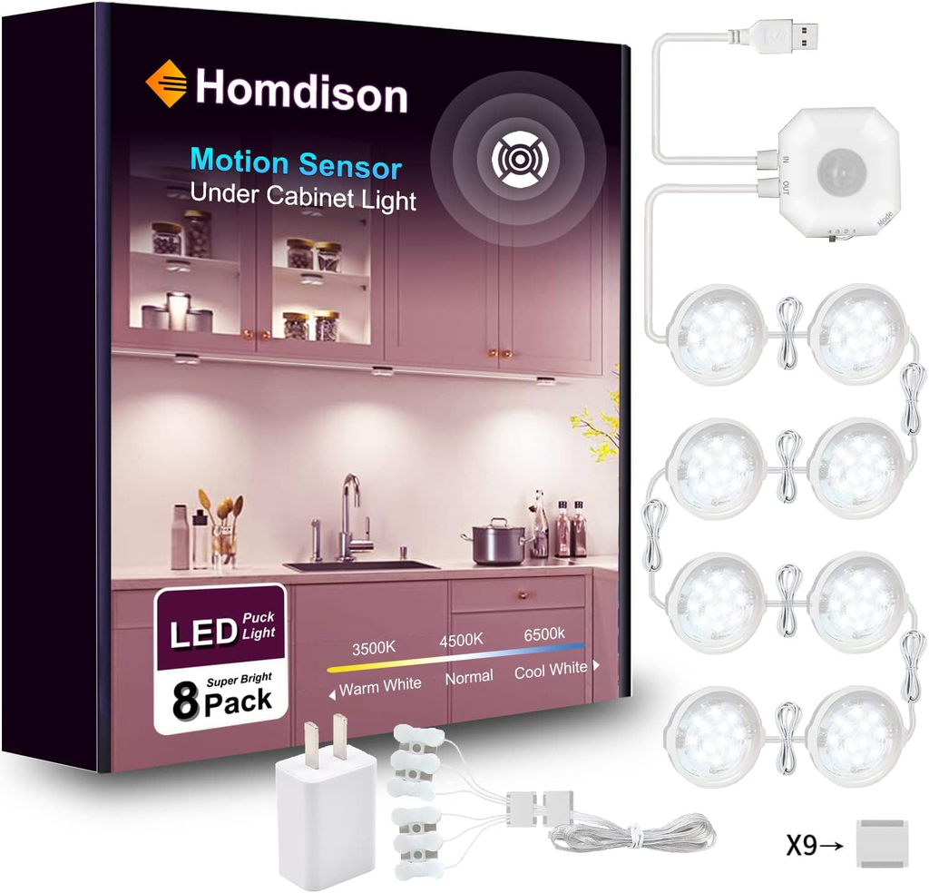 8-Pack LED Under-Cabinet Puck Lights with Motion Sensor, USB-Powered Cabinet and Closet Lighting, 3 Colour Modes, White