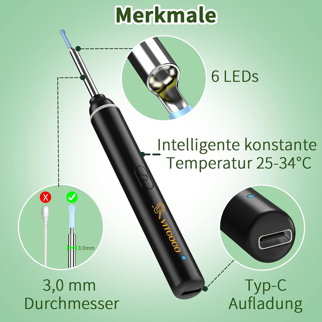 Wireless Ear Inspection Camera with 1920P HD Lens, 6 LED Lights and Cleaning Accessories – Black