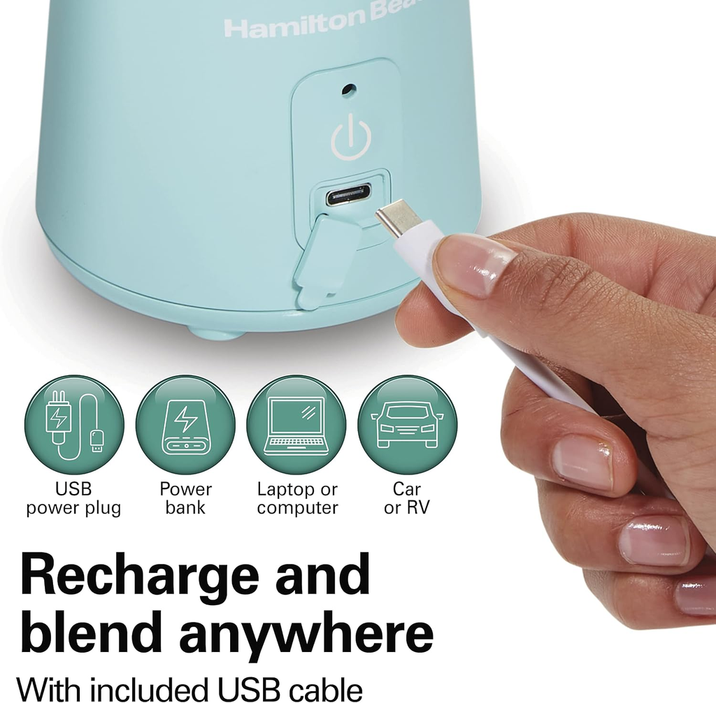 Hamilton Beach Blend Now Portable Cordless Blender with USB Rechargeable Battery, 16oz Travel Jar & Sip-Through Lid - Blue