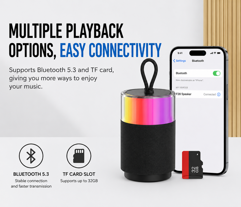 Portable Bluetooth Speaker with RGB Ambient Light, TF Card Support, USB-C Rechargeable Wireless Speaker