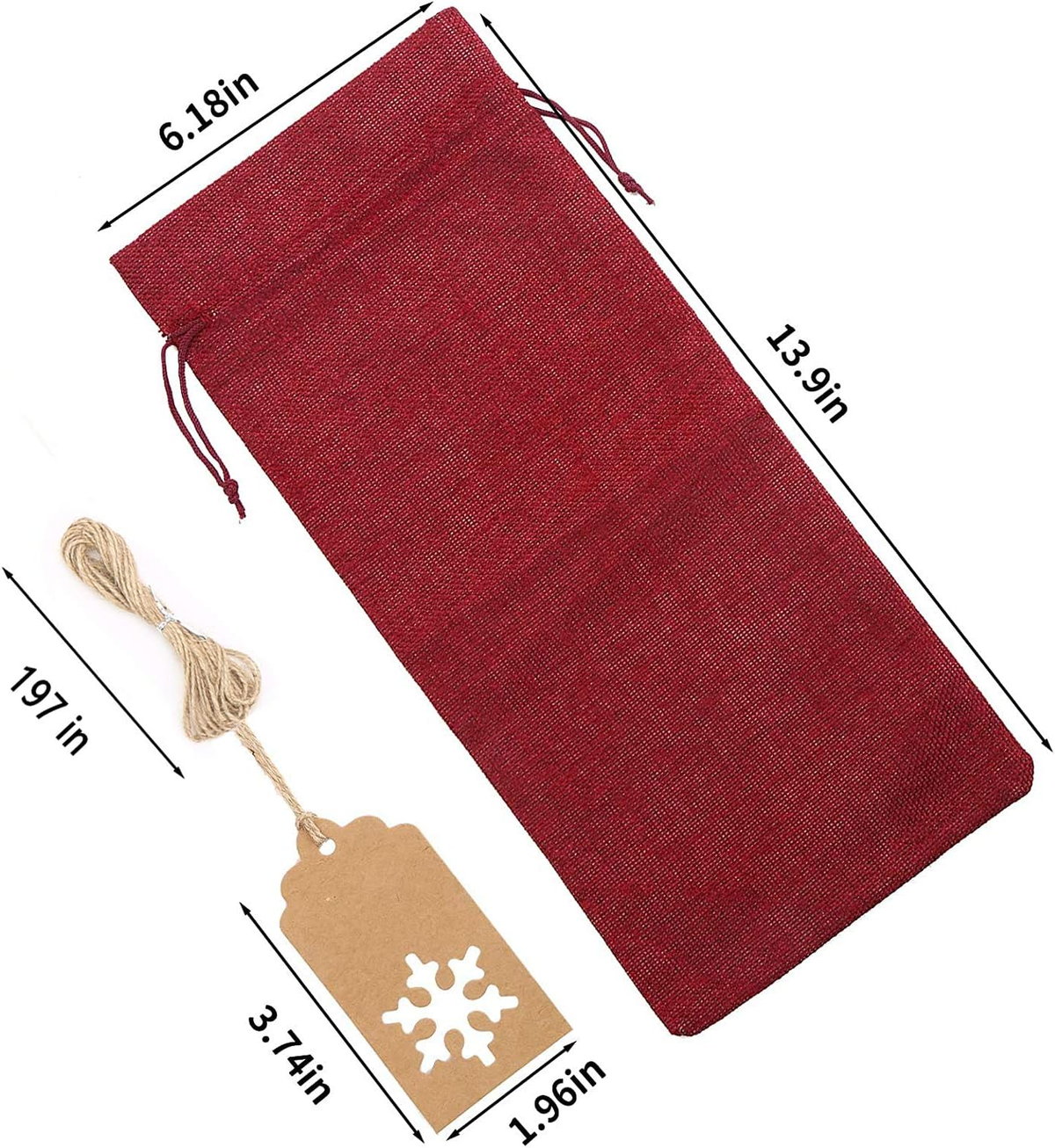 Christmas Burlap Wine Gift Bags with Drawstrings & Snowflake Tags – Red & Natural