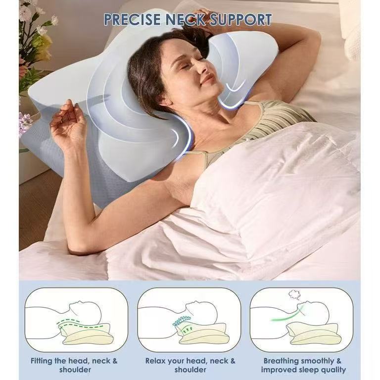 Memory Foam Contour Pillow with Dual Height Design, 5-Zone Support Bed Pillow for Back and Side Sleeping, Soft Quilted Cover, White and Gray