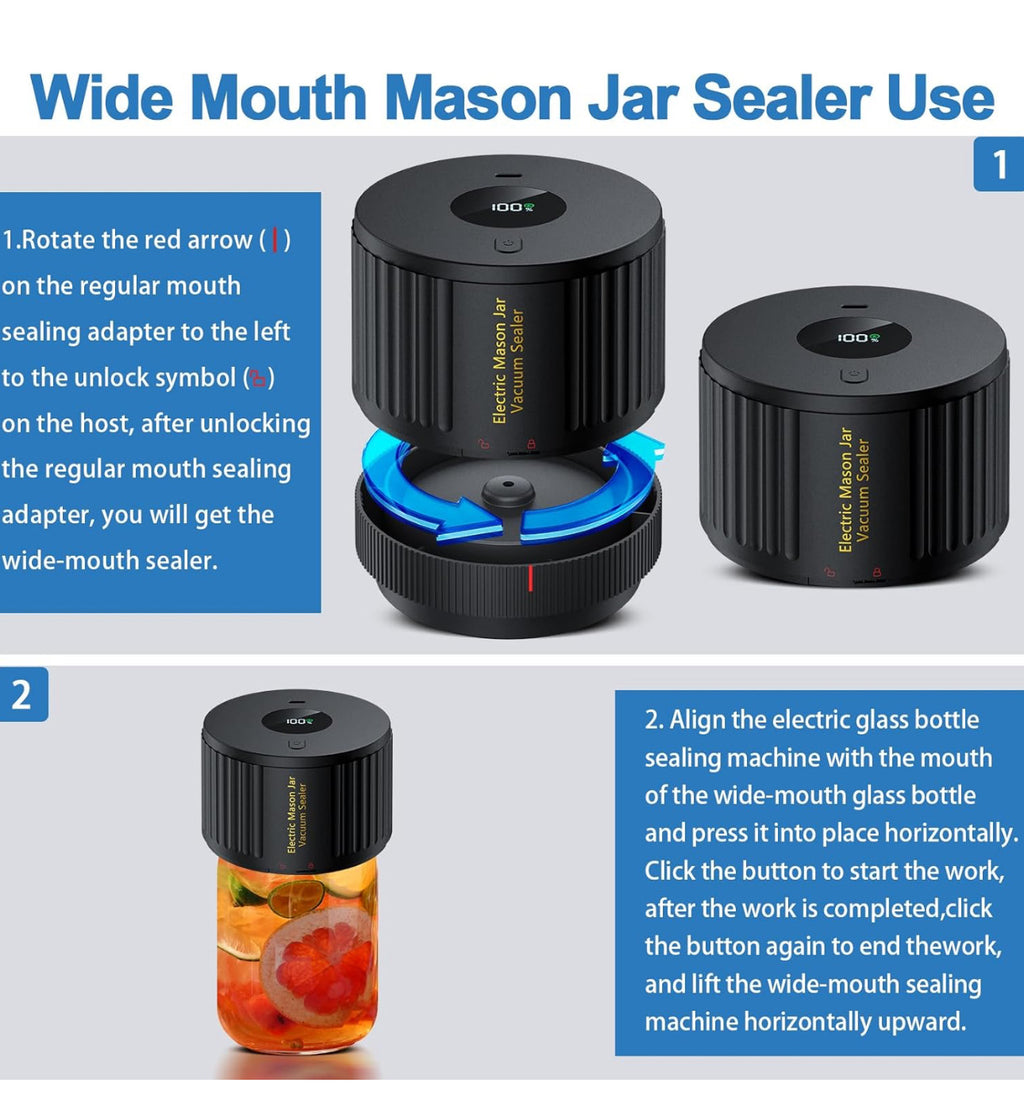 Electric Mason Jar Vacuum Sealer Kit – Portable Food Storage Vacuum Pump with 10 Lids for Regular & Wide Mouth Jars