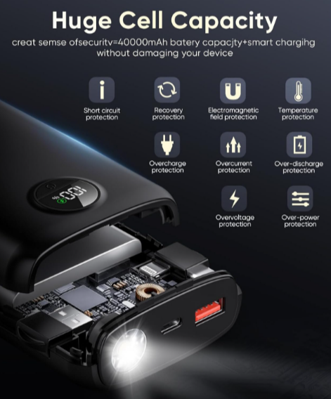 30W Fast Charging Power Bank 40000mAh Portable Charger with LED Display, USB & Type-C Ports, Built-in Flashlight for iPhone Android