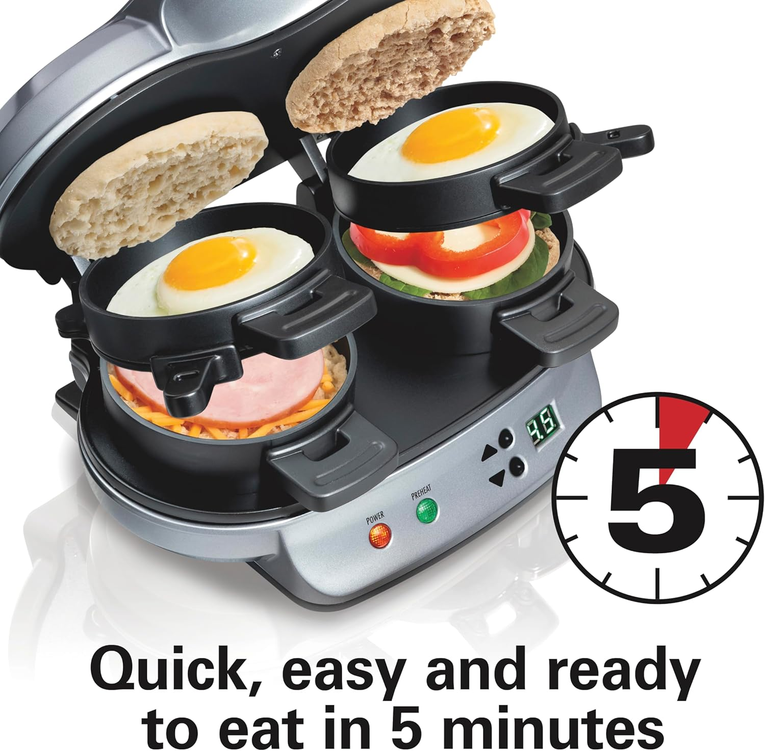Open Box - Excellent | Hamilton Beach Dual Breakfast Sandwich Maker with Timer, Dual Cooking, Non-Stick Plates, Dishwasher Safe Parts, Silver