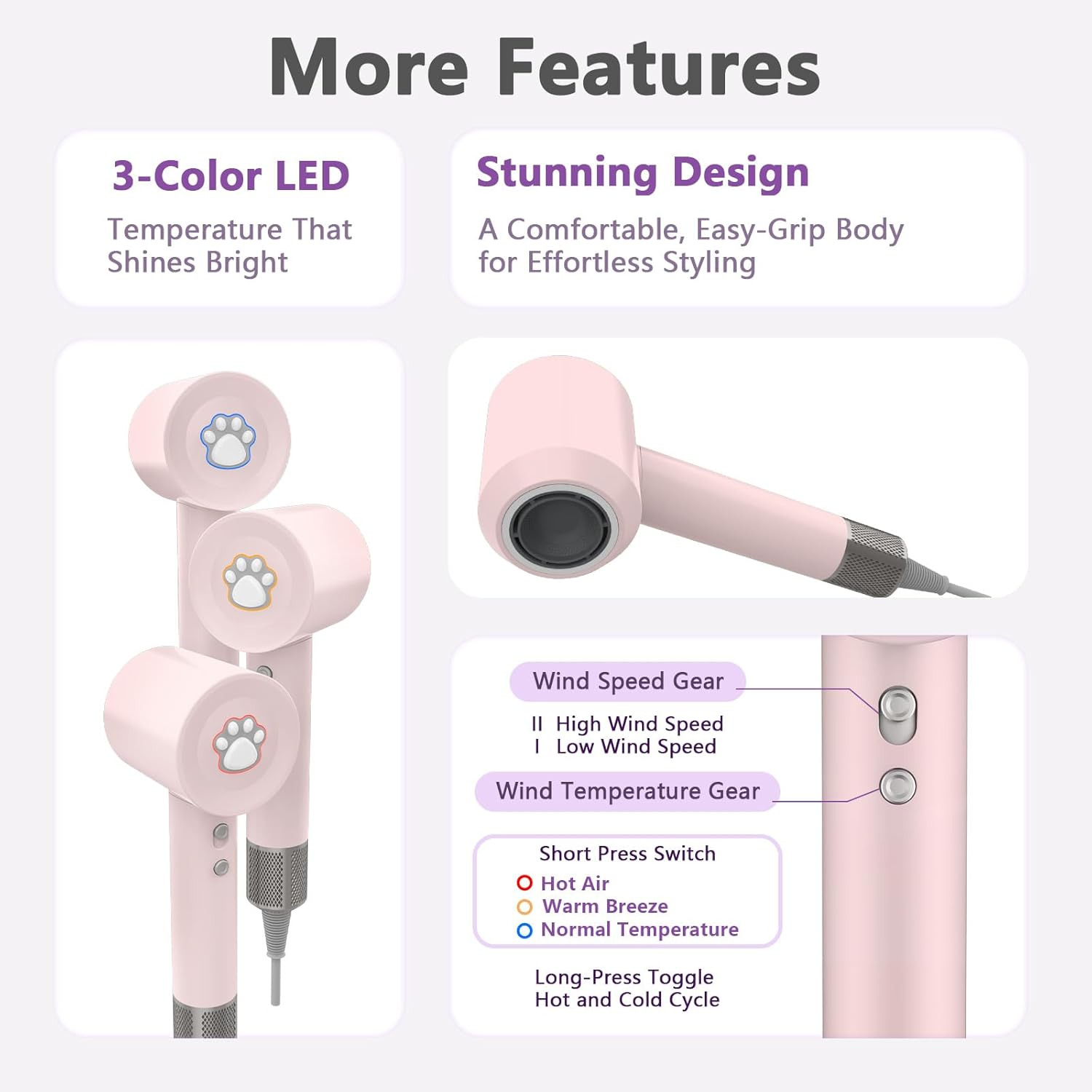 Diffuser Hair Dryers for Women Men, KIKVOOL 110000 RPM High Speed Fast Ionic Hair Blow Dryer for Thick Hair, Protable Travel Hair Diffuser Dryer, Brushless Motor, 3 Temps/2 Speeds Lightweight Hairdryer, Pink