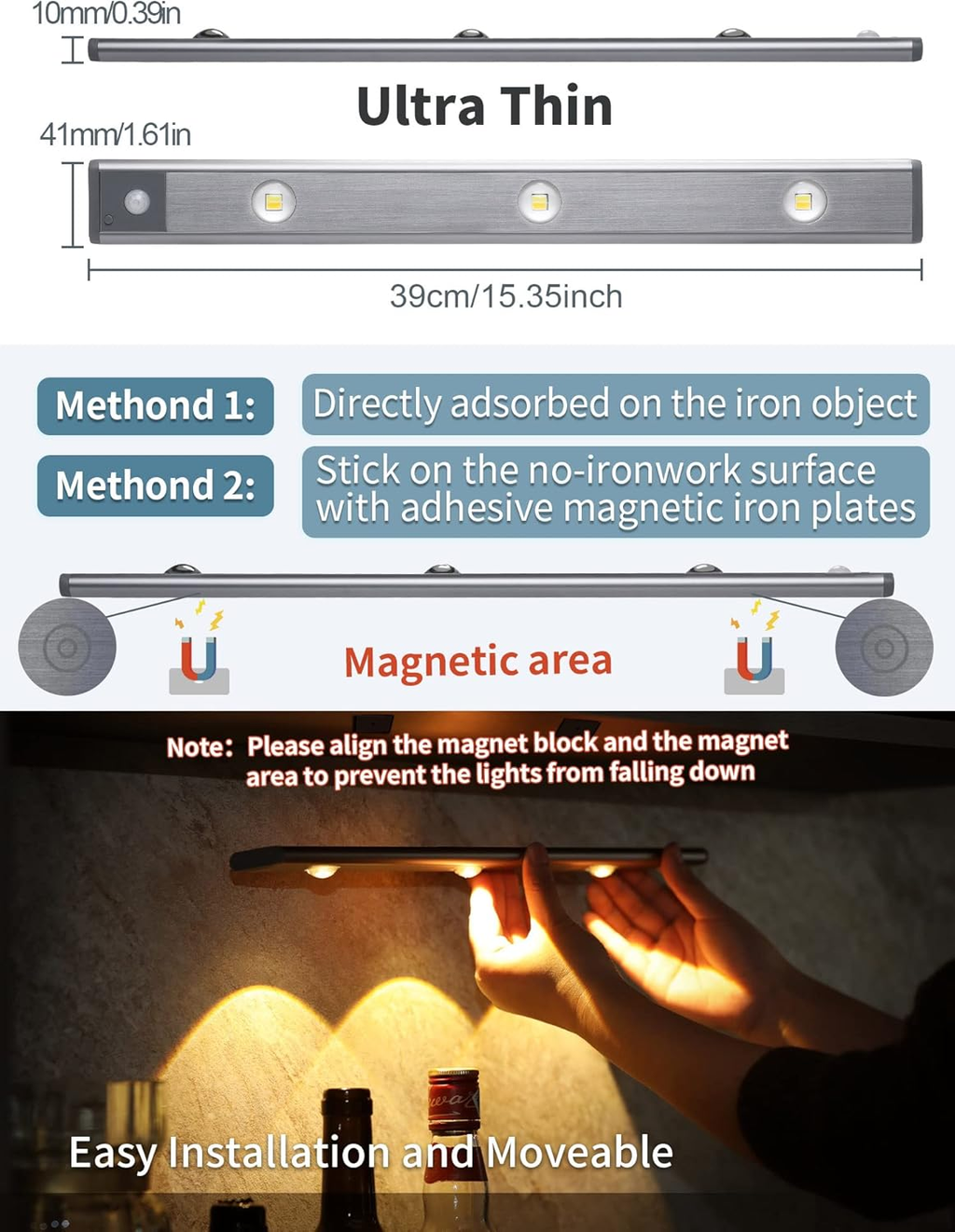 3 Color Dimmable Motion Sensor Under Cabinet Lights Wireless,1500mAh Rechargeable Battery Operated LED Closet Light Bar, Stick on Anywhere Under Cabinet Lighting for Kitchen, Stair, Wardrobe,15.35"