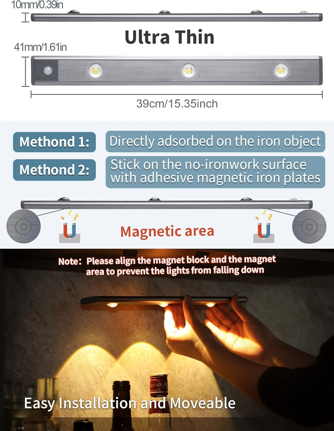 3 Color Dimmable Motion Sensor Under Cabinet Lights Wireless,1500mAh Rechargeable Battery Operated LED Closet Light Bar, Stick on Anywhere Under Cabinet Lighting for Kitchen, Stair, Wardrobe,15.35"