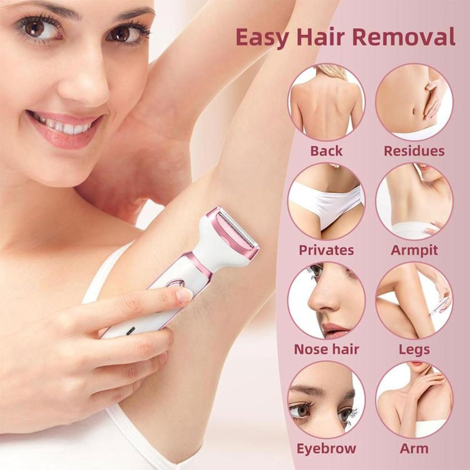 Elorixa Shaver, Smooth Shave Pro for Women, Eviay Premium Shaver, Elorixa Electric Shaver Women, 4 in 1 Hair Trimmer Women, Wet & Dry Use, for Armpit, Private Parts, Legs, Arms (Pink)