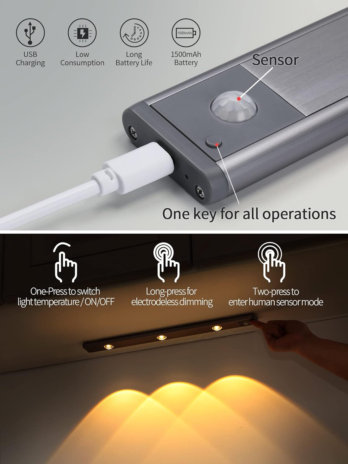 3 Color Dimmable Motion Sensor Under Cabinet Lights Wireless,1500mAh Rechargeable Battery Operated LED Closet Light Bar, Stick on Anywhere Under Cabinet Lighting for Kitchen, Stair, Wardrobe,15.35"