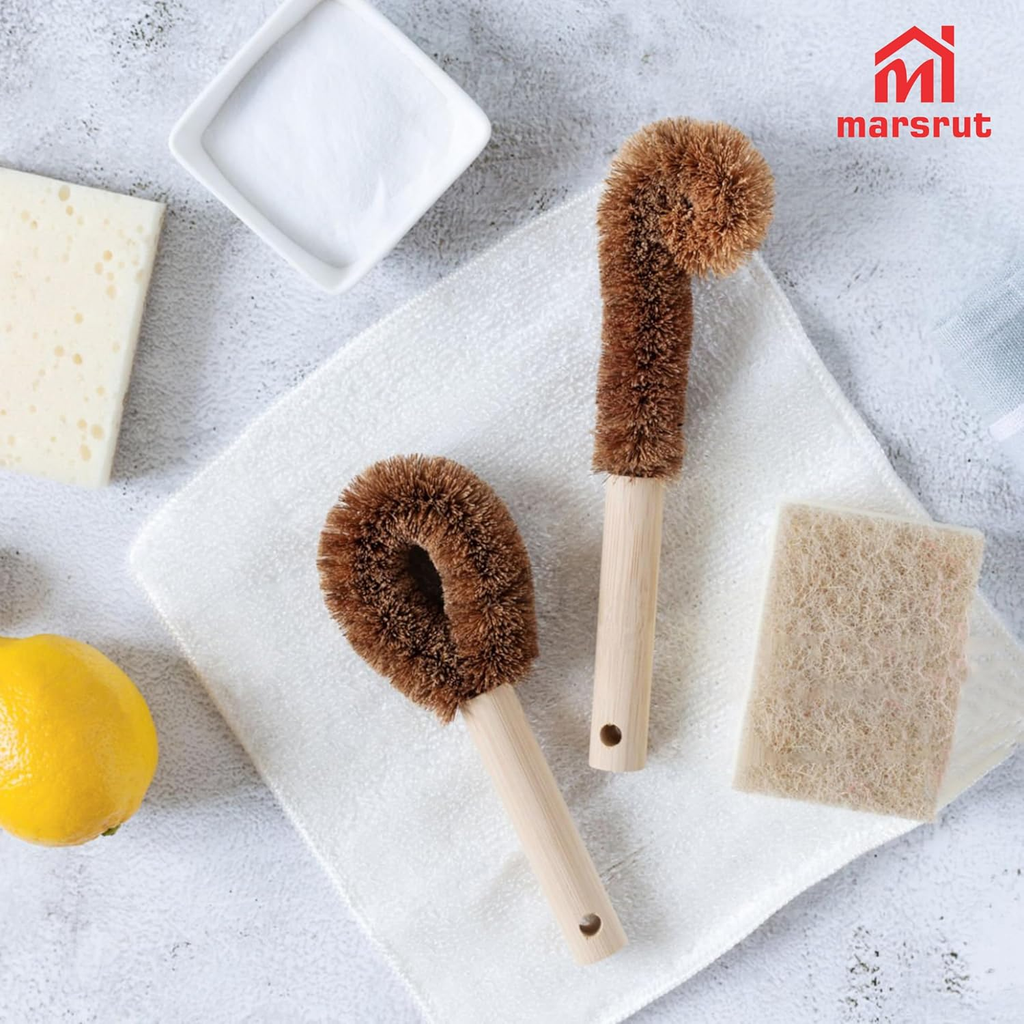 2Pcs Coconut Brush Fiber Bottle Wooden Cleaning Brush, Scrub Head for Deep Pan Cleaning Washing, Sturdy Natural Eco-Friendly Handle Holder, Bristle Scrubber for Kitchen Dishes Vegetable, Dark Brown