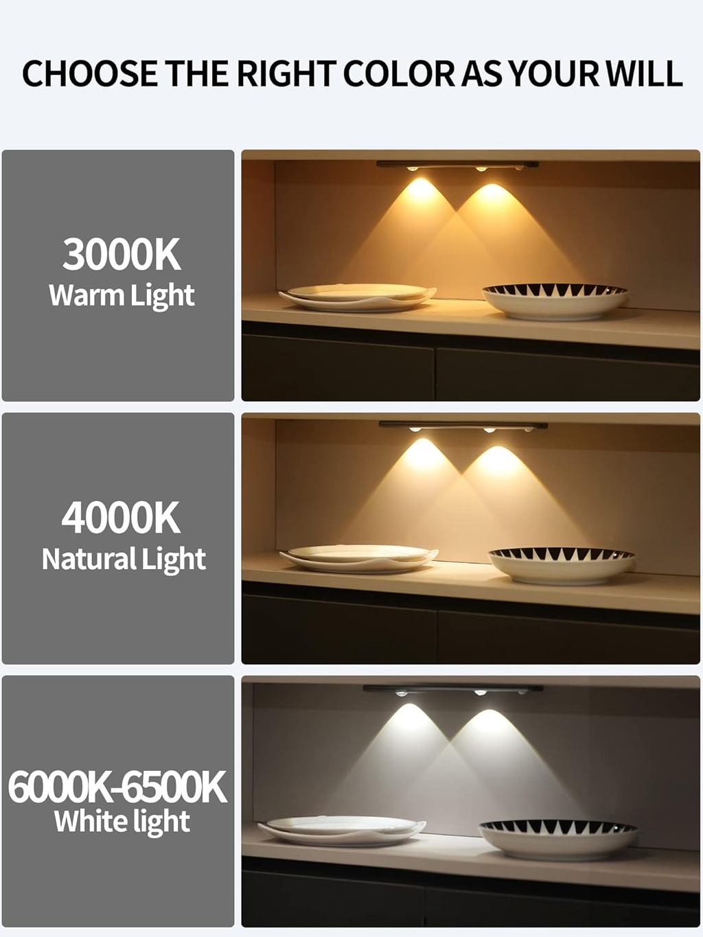 3 Color Dimmable Motion Sensor Under Cabinet Lights Wireless,1500mAh Rechargeable Battery Operated LED Closet Light Bar, Stick on Anywhere Under Cabinet Lighting for Kitchen, Stair, Wardrobe,10.43"