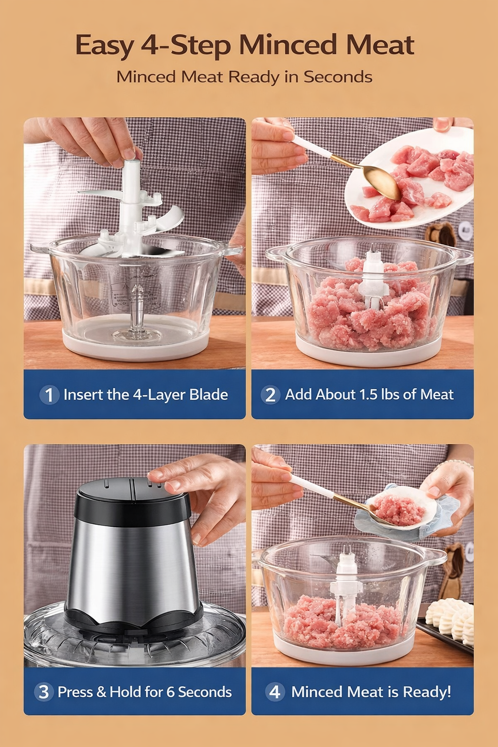 3L Electric Meat Grinder & Food Processor, 12-Cup Large Capacity Dual Bowl Meat Chopper, 300W Pure Copper Motor, Stainless Steel & Glass Bowls, 2-Speed Kitchen Food Processor for Meat, Vegetables & Baby Food