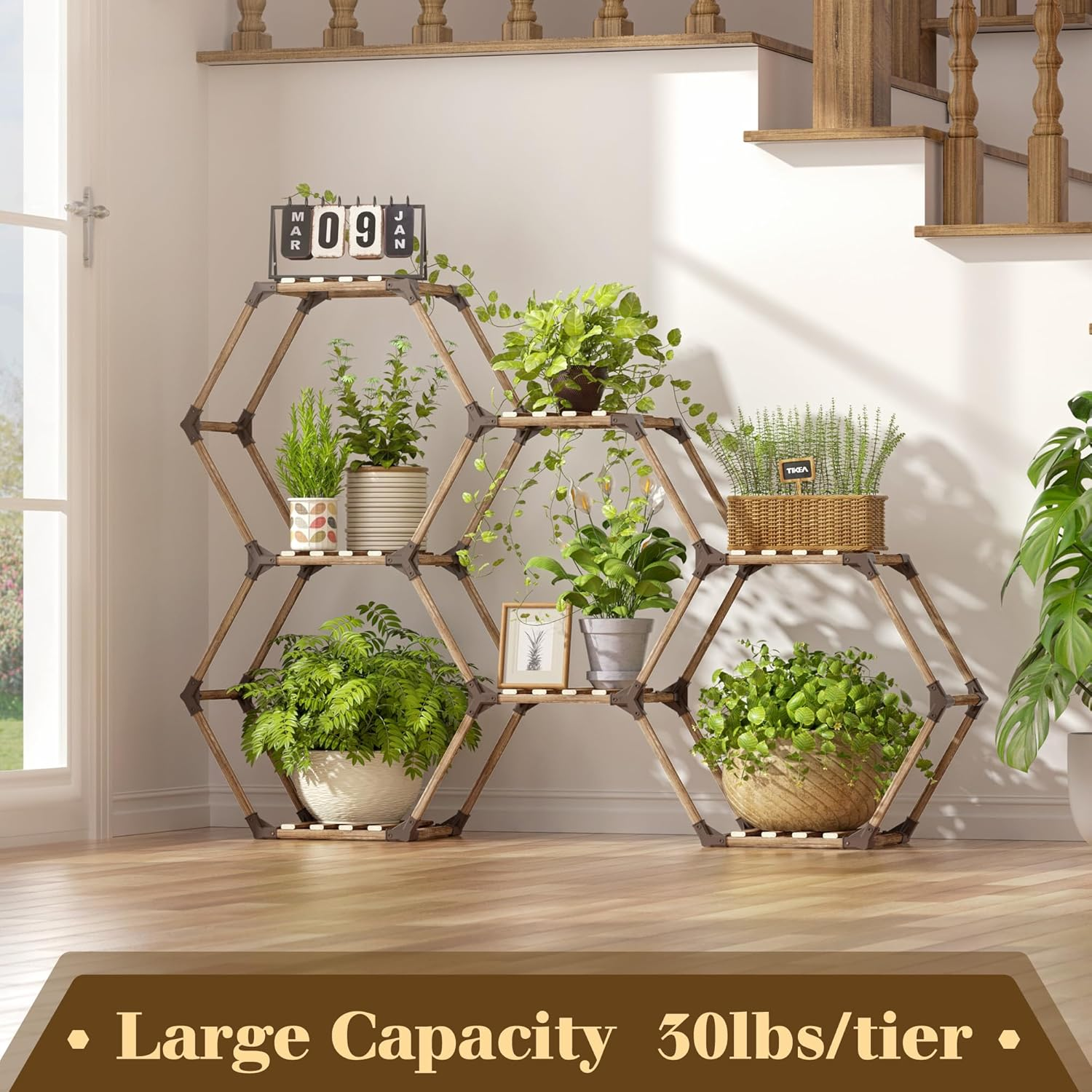 Tikea Plant Stand Indoor Outdoor Hexagonal Plant Stand for Multiple Plants Indoor Large Wooden Plant Shelf 7 Tiered Creative DIY Flowers Stand Rack for Living Room Balcony Patio Window