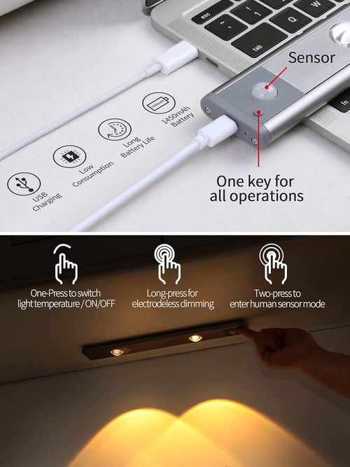 3 Color Dimmable Motion Sensor Under Cabinet Lights Wireless,1500mAh Rechargeable Battery Operated LED Closet Light Bar, Stick on Anywhere Under Cabinet Lighting for Kitchen, Stair, Wardrobe,10.43"