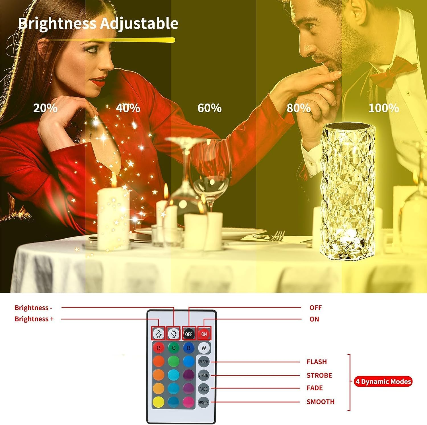Deogos Crystal Table Lamp, Remote and Touch Control Rose Wave Lamp, RGB Color Changing Night Light, Dimmable, USB Rechargeable Decoration Ambient Lighting for Dinner/Bars/Game room/Living Room/Bedroom