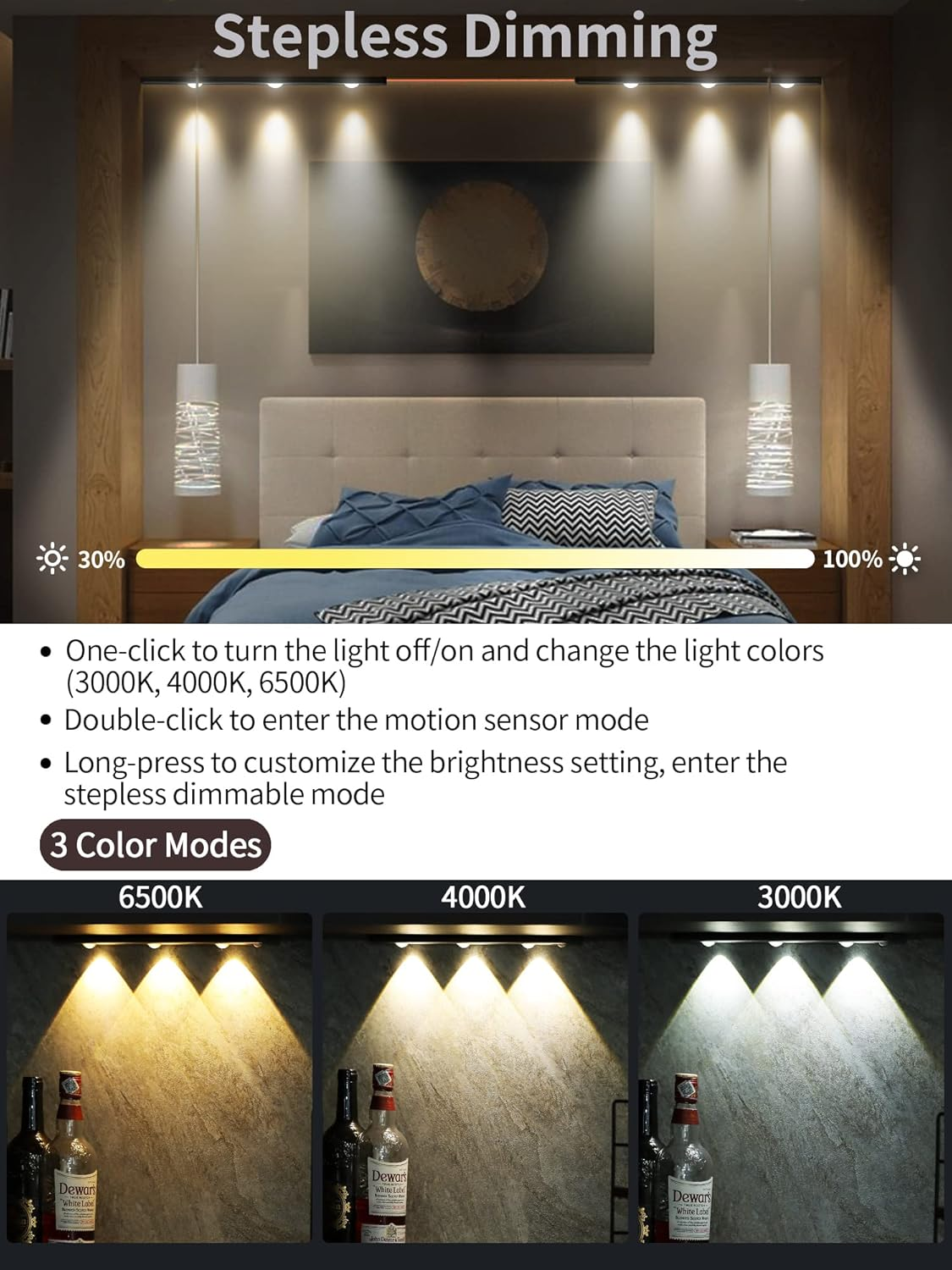3 Color Dimmable Motion Sensor Under Cabinet Lights Wireless,1500mAh Rechargeable Battery Operated LED Closet Light Bar, Stick on Anywhere Under Cabinet Lighting for Kitchen, Stair, Wardrobe,15.35"
