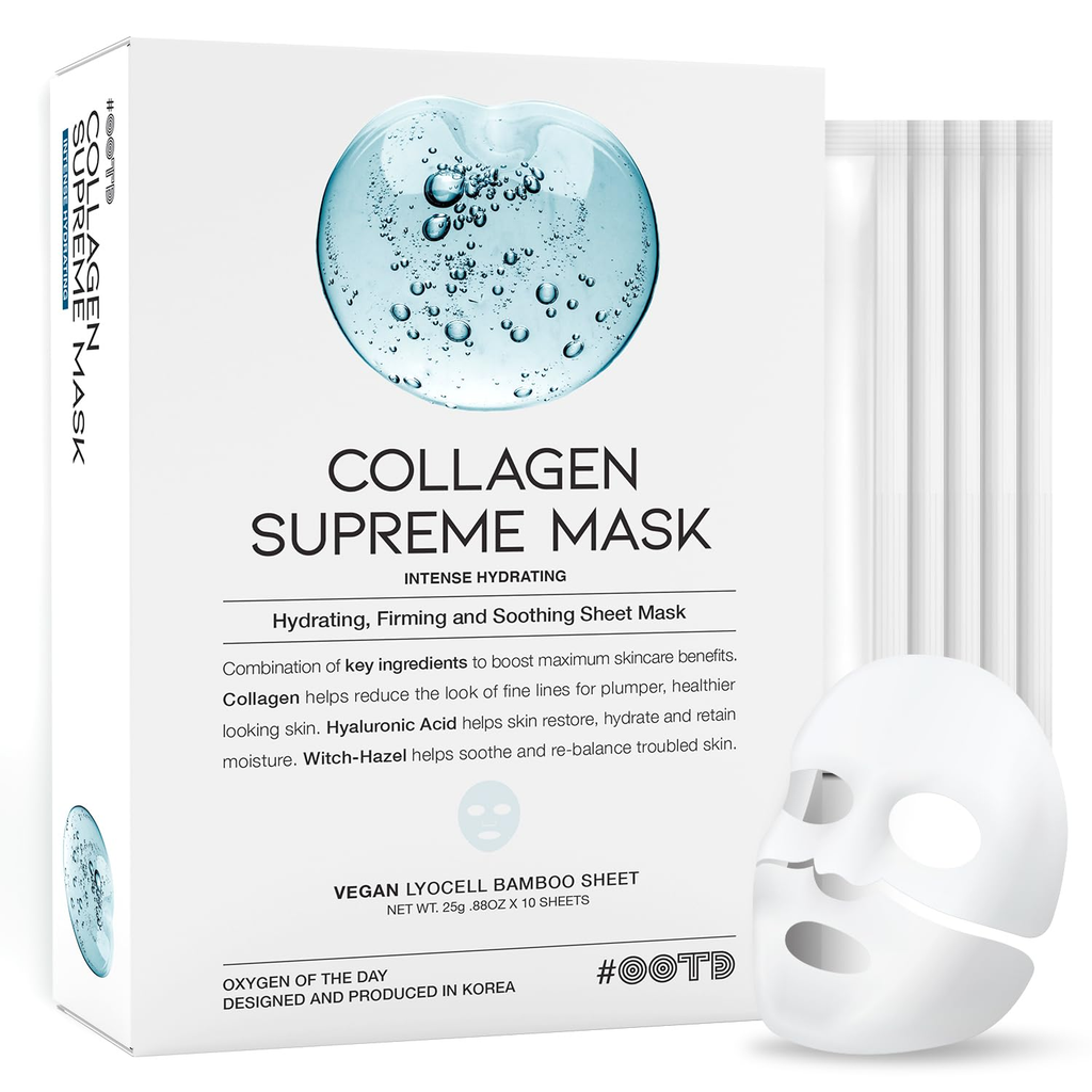 #OOTD Collagen Hydrating Sheet Masks for Face Korean Anti Aging Mask Sheet for Dry Skin & Sensitive Skin, EVE Vegan, Not Tested on Animals, No Parabens, No Sulfates, Hyaluronic Acid, Witch Hazel 10EA