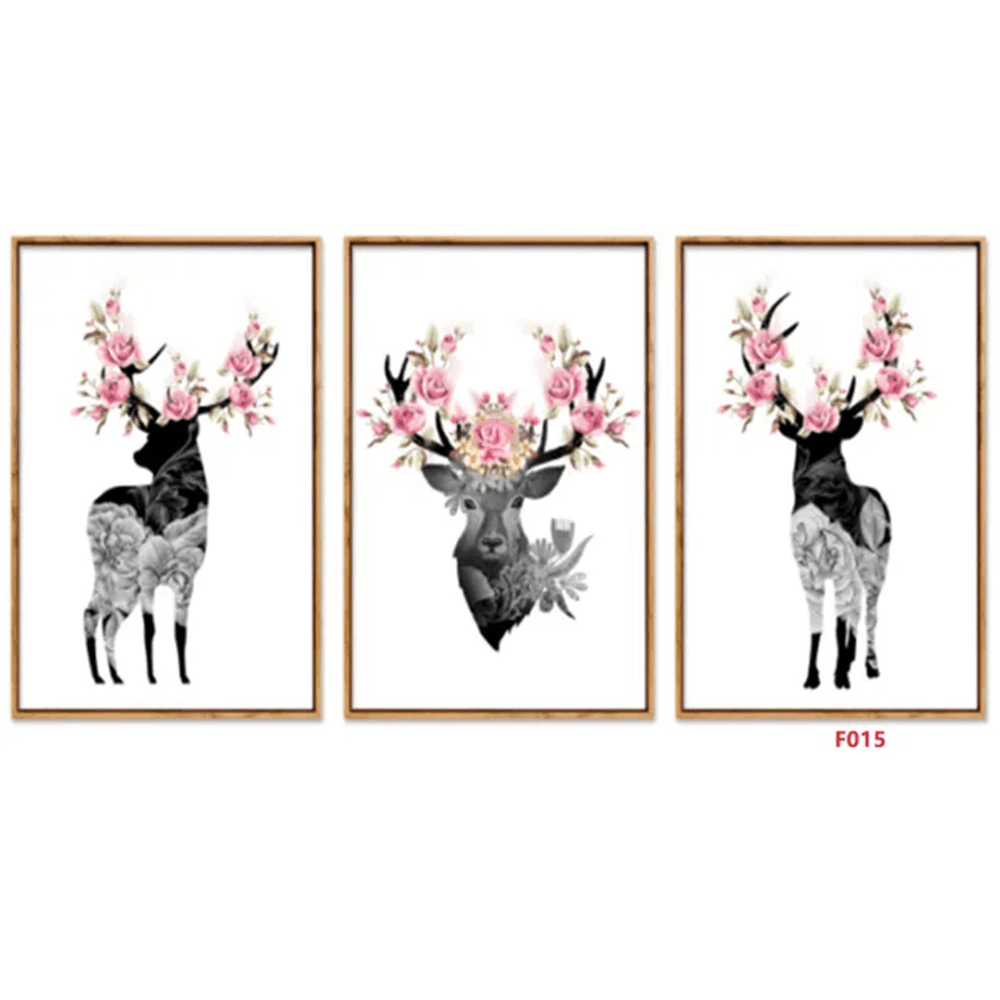 F015 3-Piece Floral Deer Wall Art Set, 60 x 40 cm Each